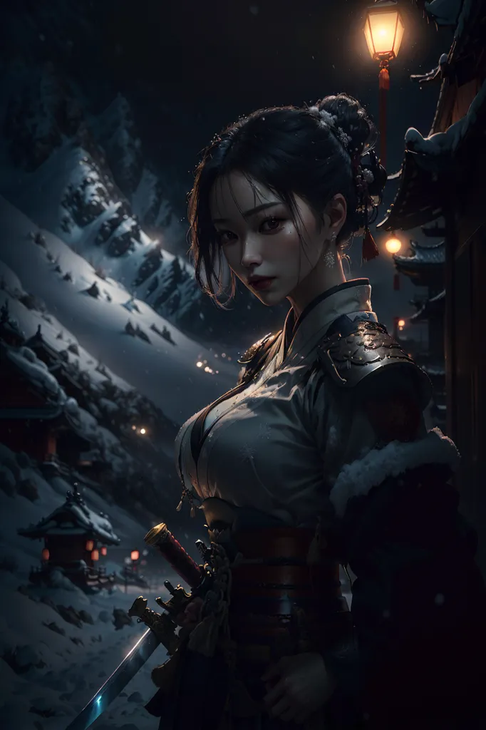 The image is of a beautiful Asian woman standing in a snowy landscape. She is wearing a white and gray kimono and has a sword in her hand. The background is a dark blue sky with snow-capped mountains in the distance. The woman is looking at the viewer with a serious expression on her face.