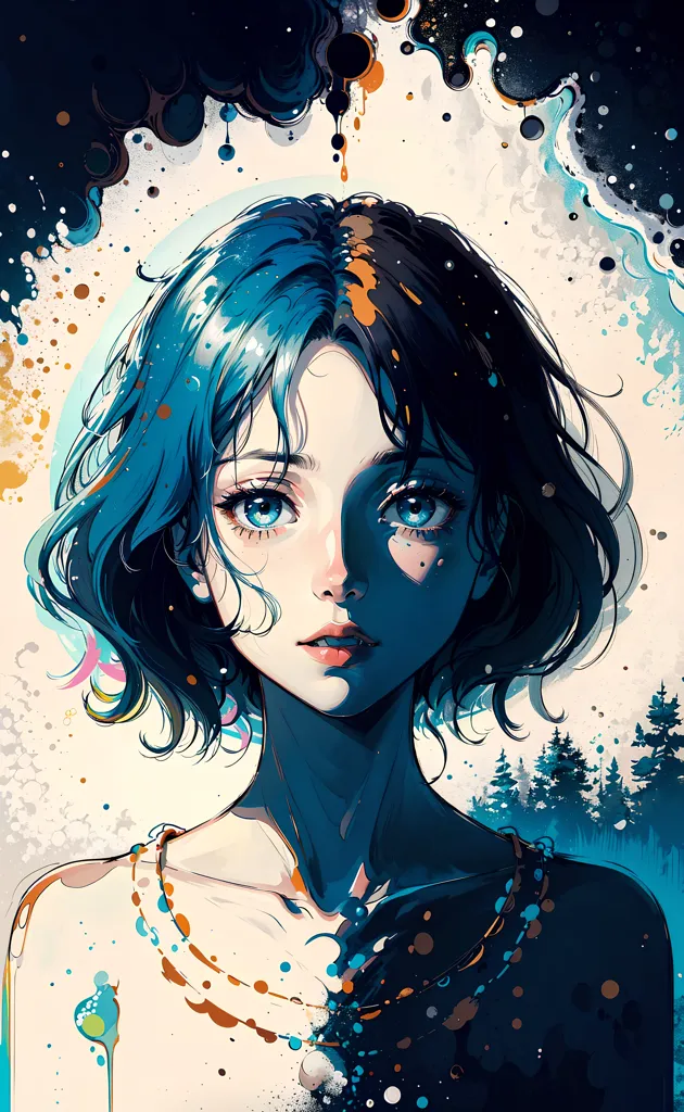 The image is a painting of a young woman with short blue hair. She is looking at the viewer with her big blue eyes. She is wearing a white dress with a blue necklace. Her hair is blowing in the wind. The background is a dark blue with a white circle in the middle. There are also some blue and orange splashes of paint in the background. The painting is done in a realistic style and the colors are very vibrant.