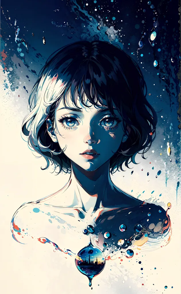 The image is a painting of a young woman with short dark hair. She has light blue eyes and is looking at the viewer with a serious expression. She is wearing a white dress with a blue sash. The background is a dark blue night sky with a crescent moon and a few stars. The painting is done in a realistic style and the colors are vibrant and saturated. The woman's expression is one of calm contemplation. The painting is likely meant to be a portrait of the woman, and it is a beautiful and striking work of art.