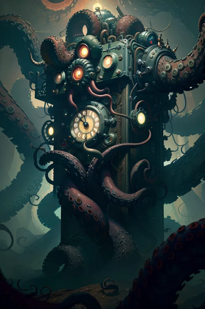 L'image est une illustration de style steampunk d'une tour de l'horloge. La tour est faite de métal et a une grande horloge sur sa façade. L'horloge est entourée d'engrenages, de rouages et d'autres mécanismes. La tour est également décorée de tentacules de type poulpe. Les tentacules sont enroulés autour de la tour et maintiennent l'horloge en place. L'image est dans un cadre sombre et mystérieux.