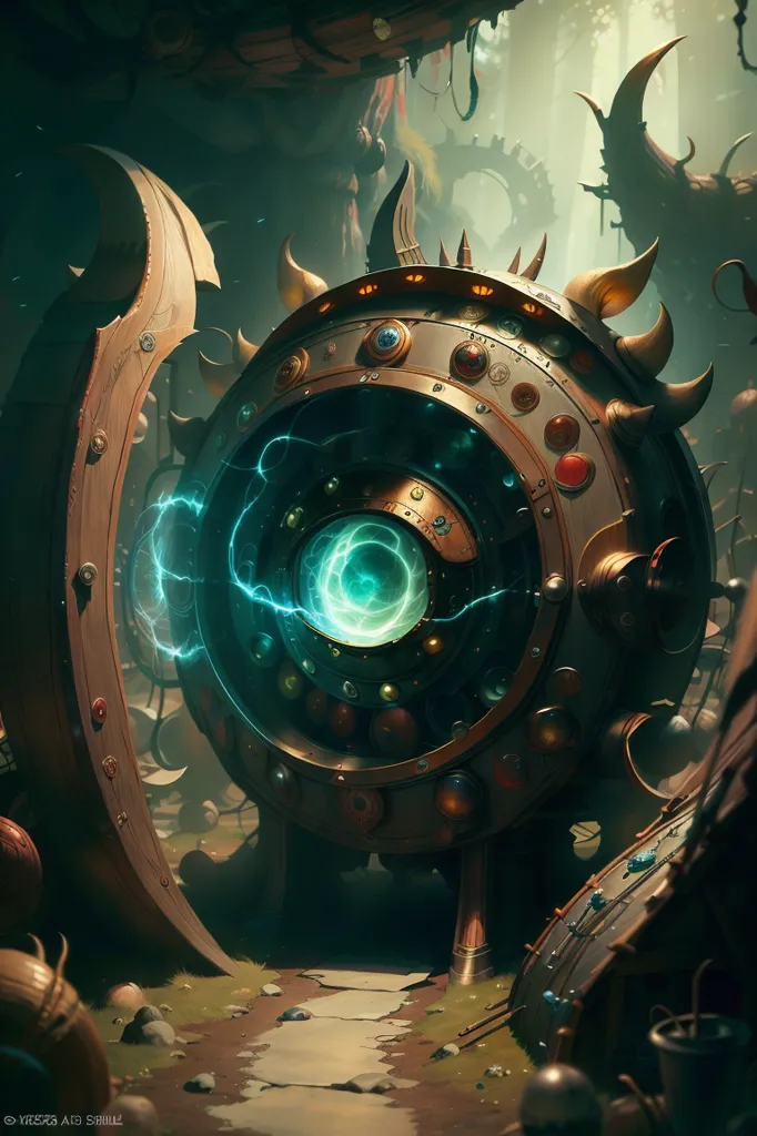 La imagen es un laboratorio oscuro y misterioso de estilo steampunk. En el centro del laboratorio hay una gran máquina circular con una esfera verde brillante en el centro. La máquina está rodeada de objetos extraños y de otro mundo, incluyendo una gran esfera de metal con un ojo brillante, una colección de cristales verdes brillantes y una serie de dispositivos extraños y poco comunes. El laboratorio está iluminado por una sola luz parpadeante, que proyecta sombras espeluznantes en las paredes y el piso. El ambiente general de la imagen es de misterio e intriga, y está claro que el laboratorio es un lugar donde se llevan a cabo experimentos extraños y peligrosos.