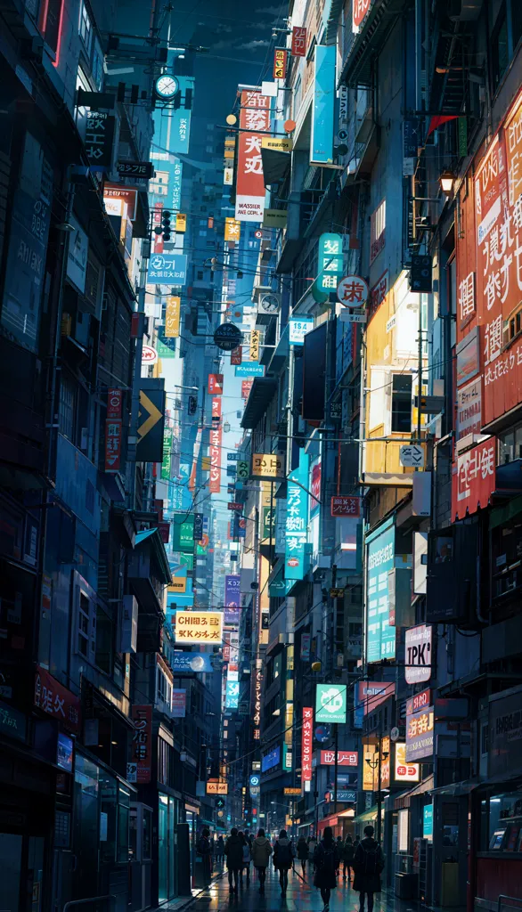 The image shows a busy street in a futuristic city. The street is lined with tall buildings, many of which are covered in neon signs and advertisements. There are people walking on the street in front of the buildings. The image is dark and rainy, and the street is lit by the neon lights.
