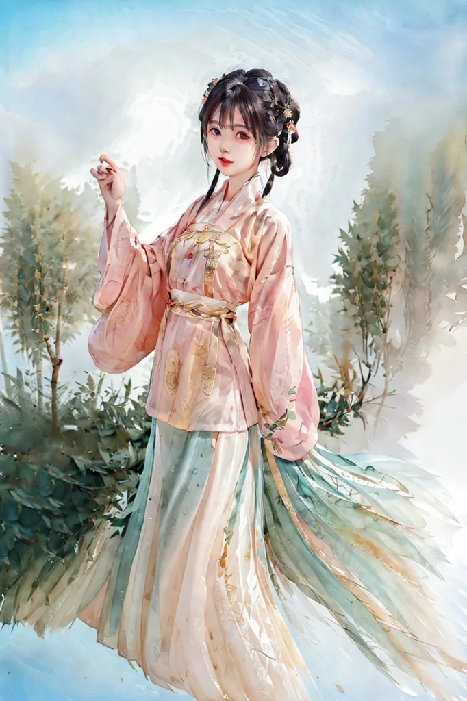 La imagen muestra a una mujer joven que lleva un vestido tradicional chino (Hanfu) con el rosa y el azul como colores principales. El vestido tiene patrones y diseños intrincados. La mujer tiene el cabello negro y largo con algunas flores blancas en él. Está de pie en un bosque con árboles verdes y nubes blancas en el fondo.