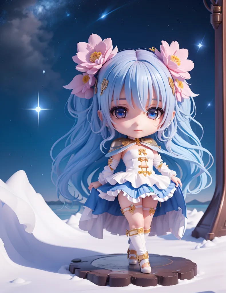 A imagem mostra uma garota em estilo anime com cabelos azuis longos e olhos azuis. Ela está usando um vestido branco e azul com uma flor rosa em seu cabelo. Ela está em pé em uma plataforma em uma paisagem nevada com um céu estrelado à noite.