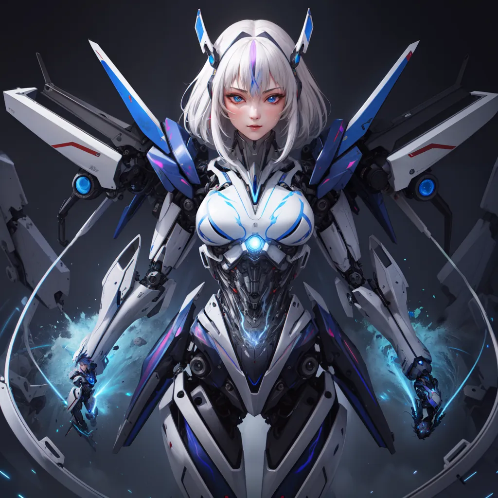 The image is a digital painting of a mecha girl. She has white hair and blue eyes, and is wearing a white and blue bodysuit with a large V-shaped opening on her chest. The bodysuit has several glowing blue lines running along its surface, and there are two large thrusters on her back. She is also wearing a pair of blue and white boots and a pair of white gloves. Her face is expressionless, and she is looking directly at the viewer. The background is a dark blue color, and there are several glowing blue lights in the foreground.