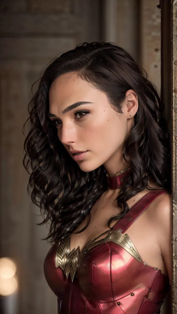 The picture shows a young woman with long, dark, curly hair. She is wearing a red and gold strapless outfit. The outfit has a gold eagle in the center and gold pieces that look like armor. She is looking to the right of the frame with a serious expression on her face.