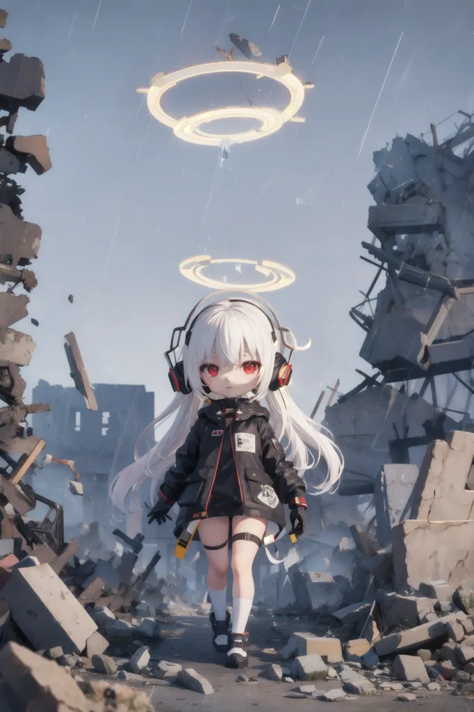 The image is of a small girl with white hair and red eyes. She is wearing a black jacket, headphones, and a white skirt. She is standing in a ruined city. There are large buildings and structures in the background, all of which are in ruins. The sky is dark and cloudy. The girl is looking at the viewer with a determined expression.