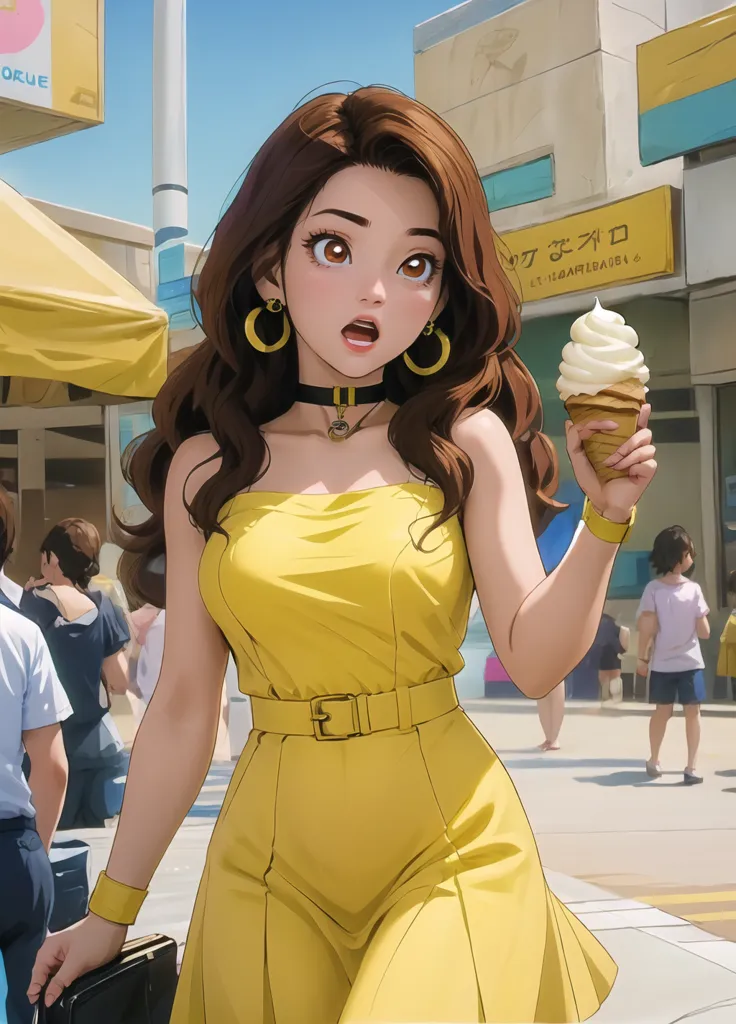 The image shows a young woman with long brown hair and brown eyes. She is wearing a yellow dress with a belt and a white collar. She is also wearing a necklace and earrings. She is holding a vanilla ice cream cone in her right hand and has a surprised expression on her face. She is standing in a busy street with people walking around her. There are buildings and shops in the background.