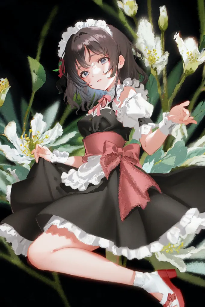 The image is a painting of a young woman in a maid outfit. She has brown hair and blue eyes, and she is wearing a black dress with a white apron. The dress has a red ribbon at the waist. She is standing in a field of white flowers, and she is smiling at the viewer. The painting is done in a realistic style, and the colors are vibrant and lifelike. The image is very detailed, and the artist has paid close attention to the details of the woman's clothing and the flowers. The painting is also very well lit, and the artist has used light and shadow to create a sense of depth and realism.