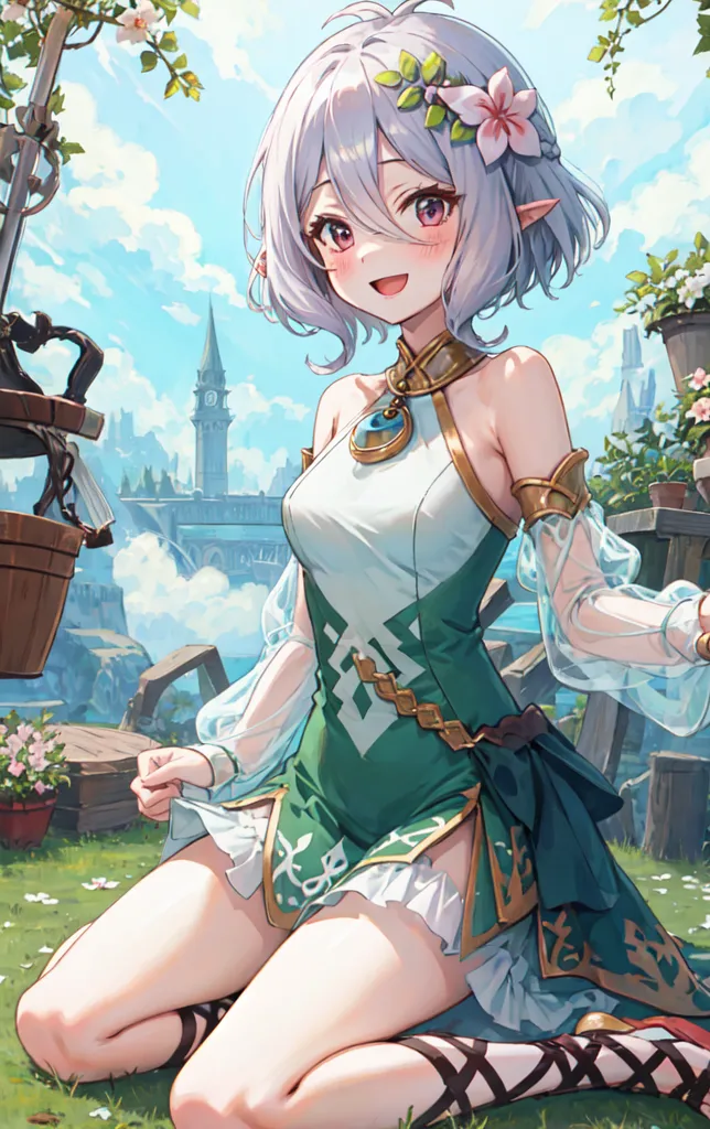 L'image représente une jeune fille d'anime aux cheveux blancs et aux yeux violets. Elle porte une robe verte et blanche avec une fleur blanche dans ses cheveux. Elle est à genoux dans un champ de fleurs avec un grand arbre derrière elle. Il y a un château au loin. La fille sourit et a une expression heureuse sur son visage.