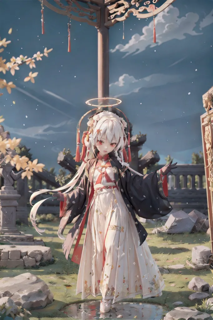 The image is of a young girl with long white hair and red eyes. She is wearing a traditional Chinese dress with a white and red sash. She is standing in a courtyard with a stone wall and a tree in the background. The girl is looking at the viewer with a smile on her face.