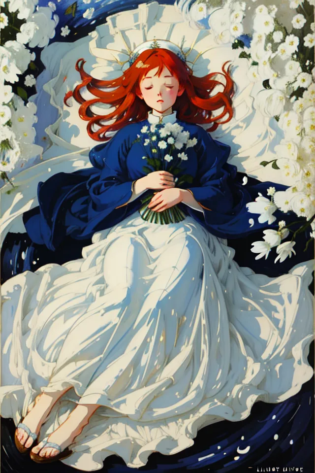 A imagem é uma pintura de uma jovem mulher com longos cabelos vermelhos. Ela está usando um vestido azul e branco e está deitada em um leito de flores brancas. Os olhos da mulher estão fechados e ela tem uma expressão serena no rosto. A pintura é feita em um estilo realista e as cores são vibrantes e realistas.