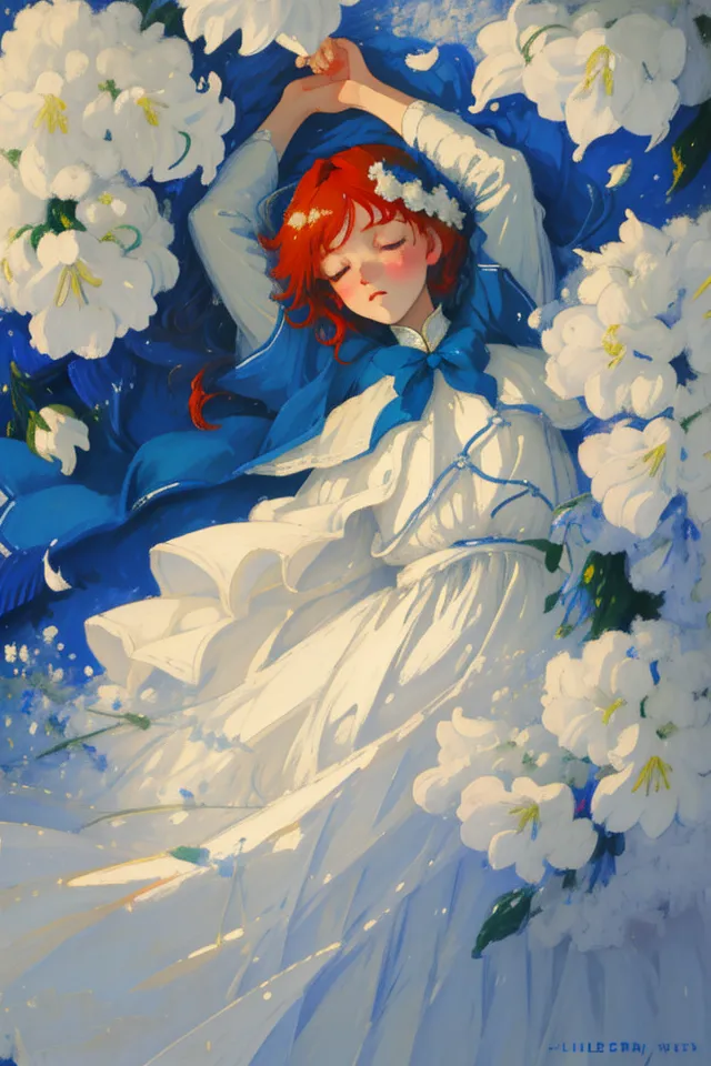 This image shows a red-haired girl sleeping in a field of white flowers. She is wearing a white dress with a blue sash. The girl has her eyes closed and her arms outstretched. Her hair is long and flowing. The flowers are delicate and have a sweet fragrance. The background is a soft blue sky. The overall mood of the image is peaceful and serene.