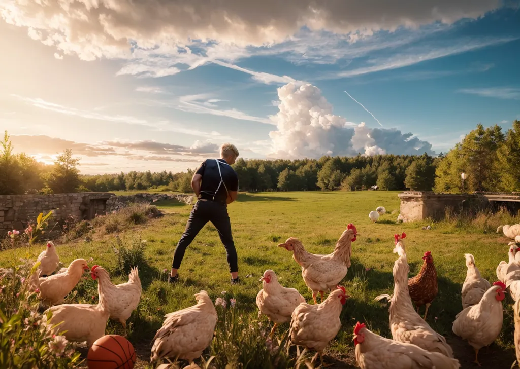 A man is playing with some chickens in a field. He is wearing a black shirt and pants. The chickens are gathered around him. Some of the chickens are pecking at the ground, while others are looking at the man. In the background, there is a stone wall and some trees. The sky is blue and there are some clouds in the sky.