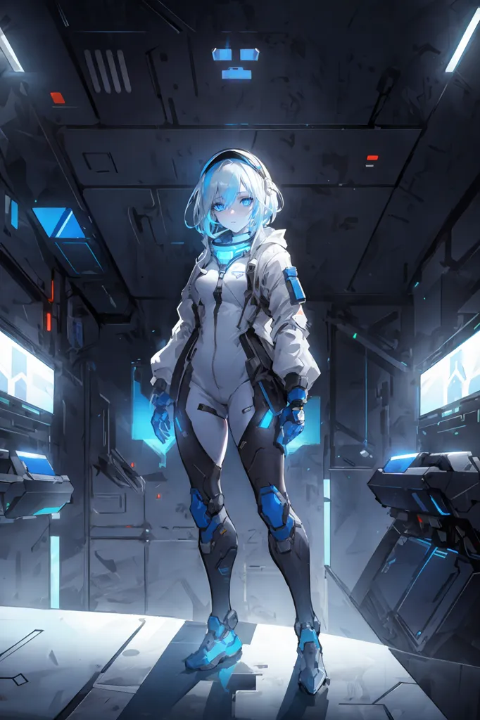 The image is a digital painting of a young woman standing in a futuristic setting. She is wearing a white and blue bodysuit with a high collar and a pair of blue gloves. She also has a pair of white boots with blue soles. Her hair is white and cut short, and her eyes are blue. She is standing in a room with a dark floor and walls. There are several blue lights on the walls and a large blue light in the center of the room.