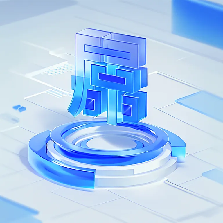 The image is a 3D rendering of a blue Chinese character "chuang" which means "window" on a white background. The character is in a glass-like material and is sitting on a podium. The podium is also made of glass and has a blue light shining on it. The background is white with a blue gradient at the bottom.