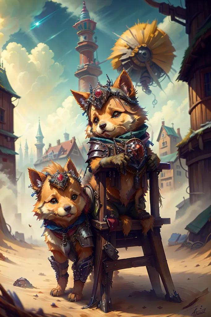 The image shows two cartoon foxes in armor. They are standing in a ruined city. One fox is sitting on a wooden chair and the other is standing on the ground next to it. The fox on the chair is wearing a red and gold crown and has a paw resting on the chair. The fox on the ground is wearing a blue and gold crown and has a paw raised. There are buildings and a tower in the background. The sky is blue and there are clouds in the sky.