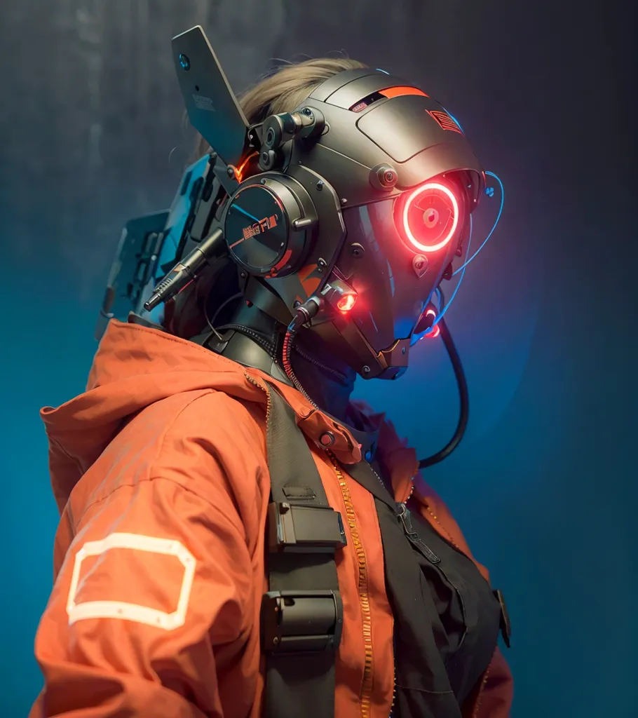 The image shows a person wearing a futuristic helmet with a red visor and an orange jacket with a white square on the sleeve. The helmet has a black and grey design with orange lights on the sides and a tube coming down from the back of the helmet. The person is looking to the side and has a serious expression on their face. The background is dark with a blue light on the left side of the image.