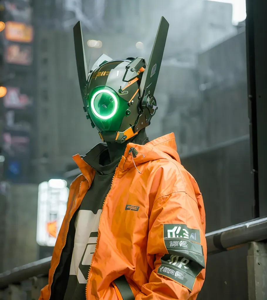 The image shows a person wearing a futuristic helmet with a green visor and orange jacket with black and white details. The helmet has two large, wing-like protrusions on the sides and a smaller, triangular protrusion on the top. The person is standing in a dark, rainy environment with a blurred background.