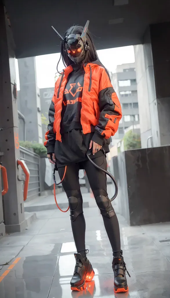 The image shows a woman wearing a black and orange outfit. She is wearing a black helmet with orange lenses, a black jacket with orange stripes, and black pants with orange knee pads. She is also wearing a black and orange backpack. The woman is standing in a dark alleyway, and there is a building in the background.