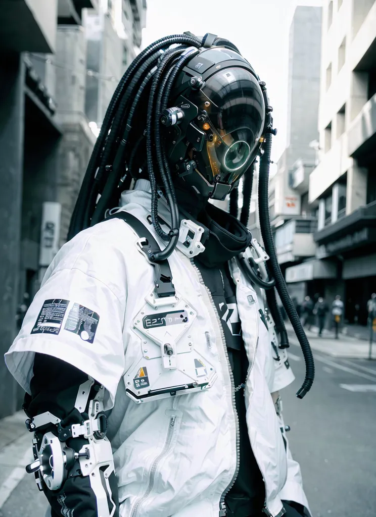 The image shows a person wearing a futuristic helmet with a clear visor and multiple cables attached to the back of their head. They are wearing a white jacket with black and gray accents and multiple straps and buckles. The jacket has a large patch with a barcode-like design on the left arm and a smaller patch on the right arm. They are also wearing a black glove on their right hand and a white glove on their left hand. The person is standing in an urban setting, with buildings and people in the background.