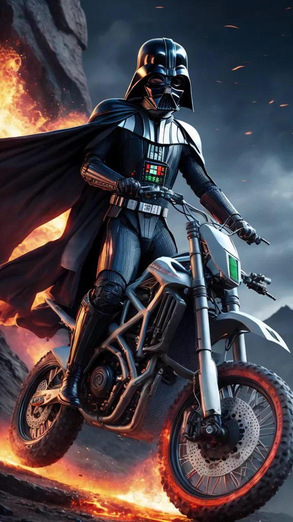 The image shows Darth Vader from Star Wars riding a dirt bike. He is wearing his iconic black suit and helmet and is surrounded by flames. The background is a dark, rocky landscape.