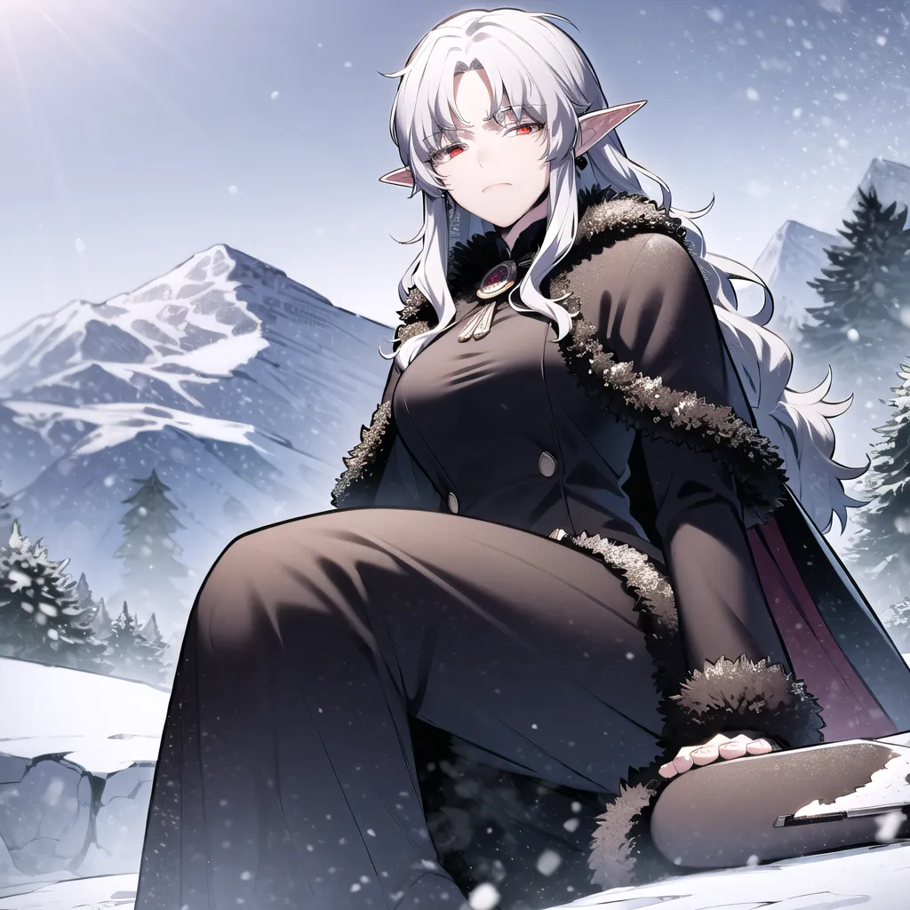 The image is of a beautiful elf woman with long white hair and red eyes. She is wearing a black dress with a white fur collar and a red cape. She is sitting on a rock in a snowy forest, looking at the view. There are mountains in the background.