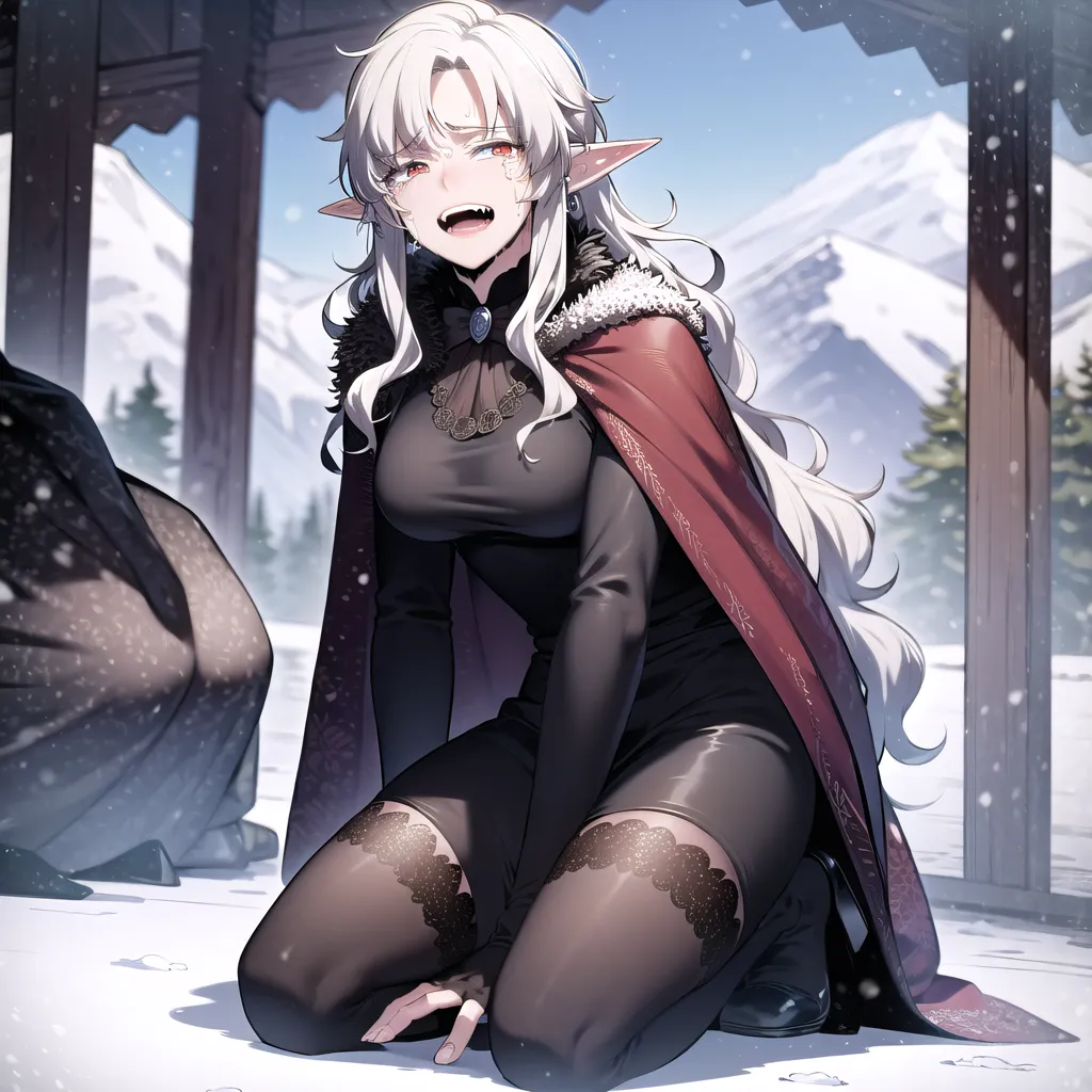 The image is of a beautiful, pale-skinned elf with long, white hair and red eyes. She is wearing a black dress with a red cape lined with fur. She is kneeling in the snow, and her expression is one that could be of pain, pleasure, or both.