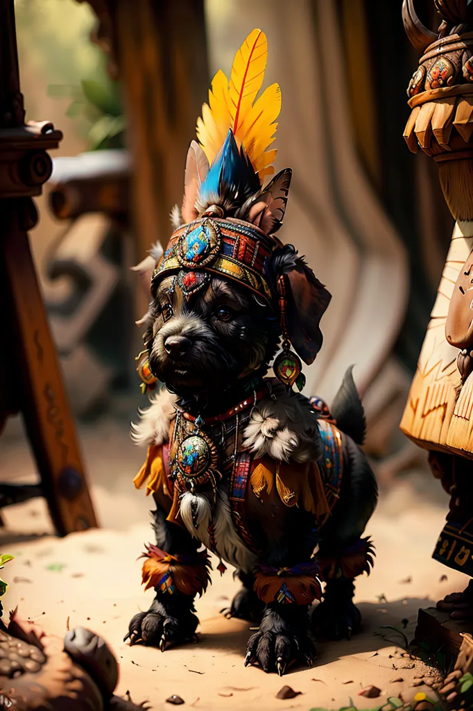 The image shows a small black dog wearing a Native American-style headdress and other decorations. The headdress is made of brown and black feathers, and the dog is also wearing a necklace and a bracelet made of turquoise and other colorful beads. The dog is standing on a wooden floor, and there is a wooden table and a wooden statue in the background.