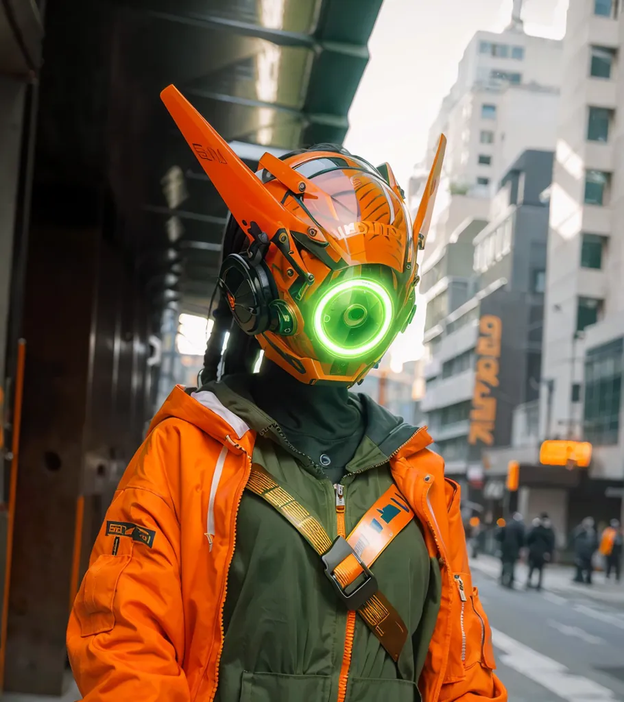 The image shows a person wearing a futuristic helmet with a green visor and orange accents. The person is also wearing an orange jacket and a green and black shirt. The helmet has two orange wing-like protrusions on the top and a black cable coming out of the back. The person is standing in an urban setting with a blurred background of a city street.