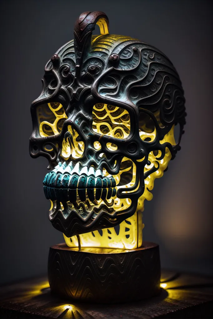 The image is a 3D rendering of a skull with a glowing yellow light inside. The skull is made of metal and has intricate details. It is sitting on a pedestal that also has glowing yellow light. The background is black.