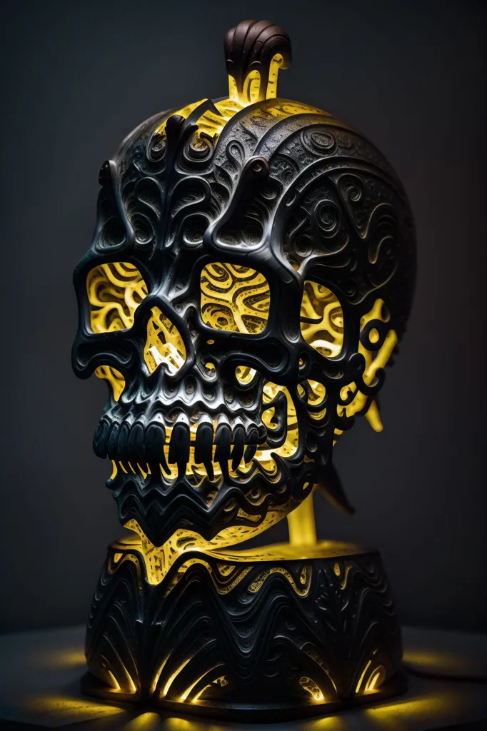 This is a 3D rendering of a skull with intricate glowing yellow patterns adorning its surface. The skull is placed on a pedestal, and a faint light illuminates the surrounding area. The skull's eye sockets, nasal cavity, and mouth are empty, adding to its eerie appearance.