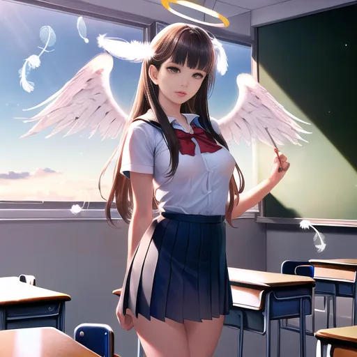 The image depicts a young woman with long brown hair and brown eyes. She is wearing a white blouse, a black skirt, and a red bow tie. She has a halo above her head and white feathered wings. She is standing in a classroom, holding a blackboard duster. The classroom is empty, with desks and chairs arranged in rows. The sun is shining through the windows, casting a warm glow over the scene.