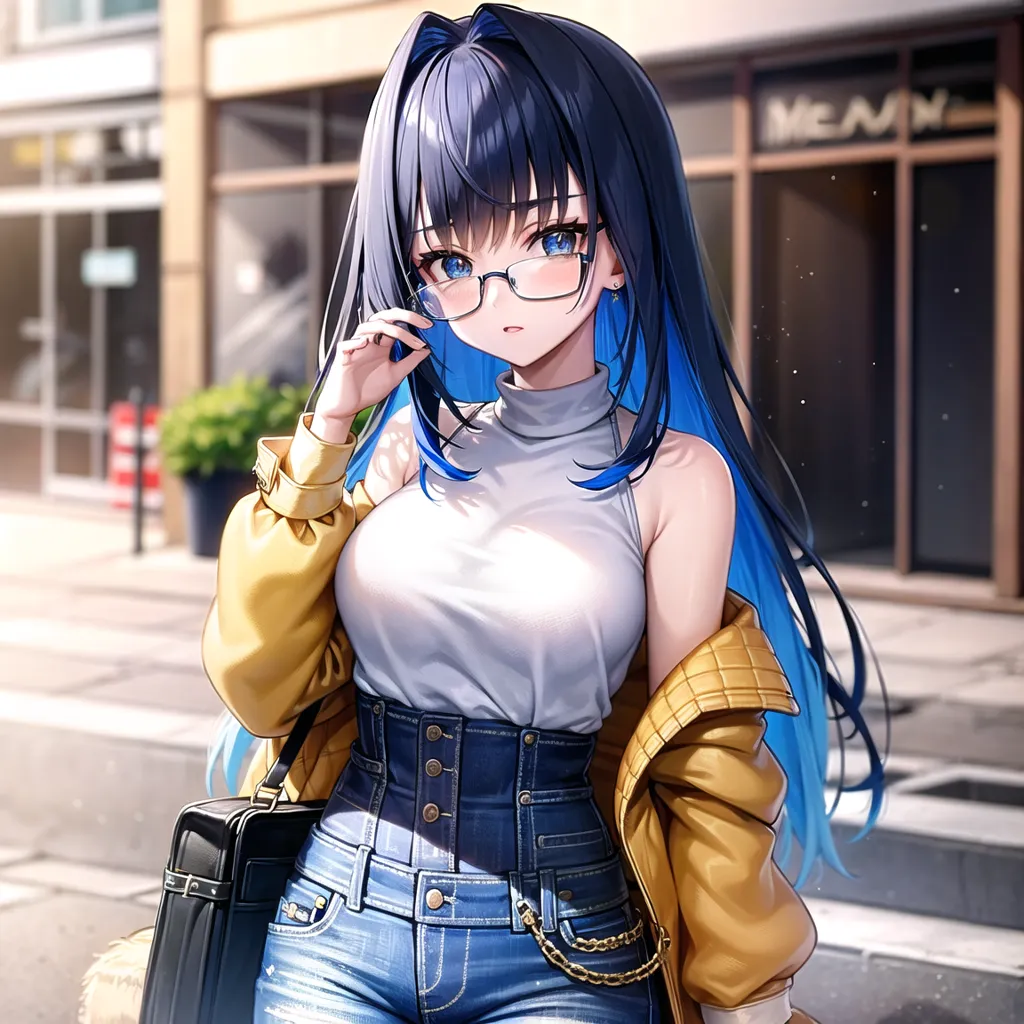 The image shows a young woman with long blue hair and blue eyes. She is wearing a white turtleneck crop top, a brown jacket, and high waisted jeans. She is also wearing glasses and carrying a black purse. She is standing in front of a city street with buildings and cars in the background.