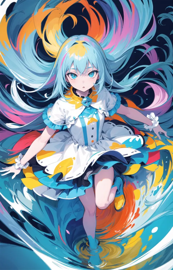 The image is an anime-style drawing of a girl with long, flowing hair. The girl is wearing a white dress with a blue sash and has her hair tied up in a ponytail. She is standing in a colorful, watery environment with her left leg up in the air. The girl has a serious expression on her face and is looking at the viewer with her blue eyes.