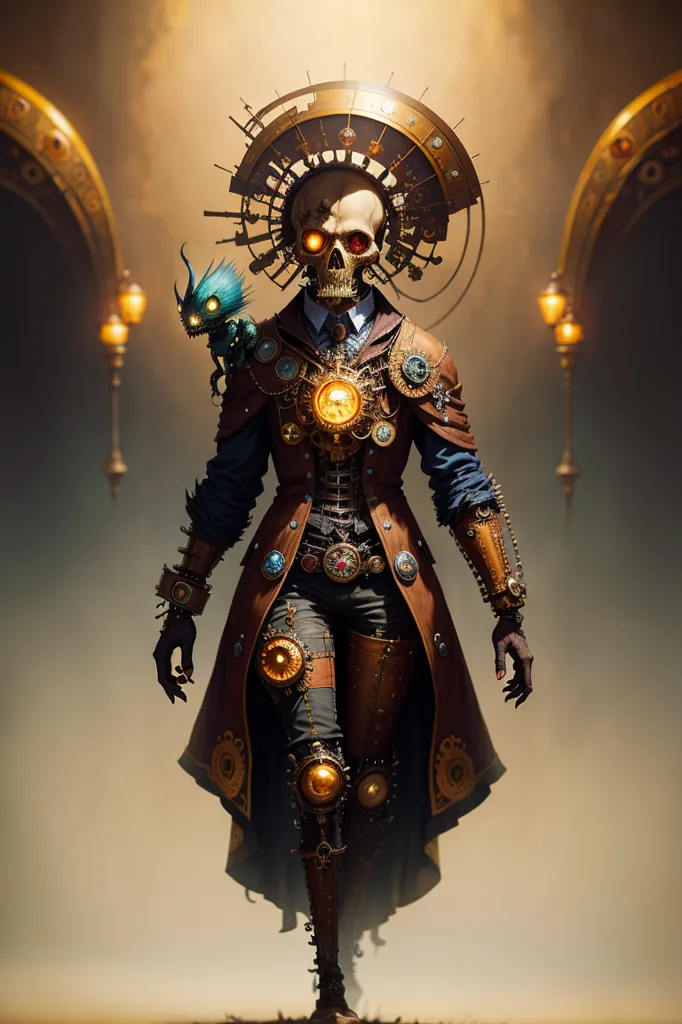 La imagen es un esqueleto steampunk que lleva un abrigo de cuero marrón y un sombrero de copa. Tiene un corazón de relojería y varios engranajes y ruedas dentadas adheridos a su cuerpo. Sostiene un bastón en su mano derecha y tiene una pequeña criatura azul posada en su hombro. El fondo es un paisaje de relojería borroso con un engranaje grande en el centro.