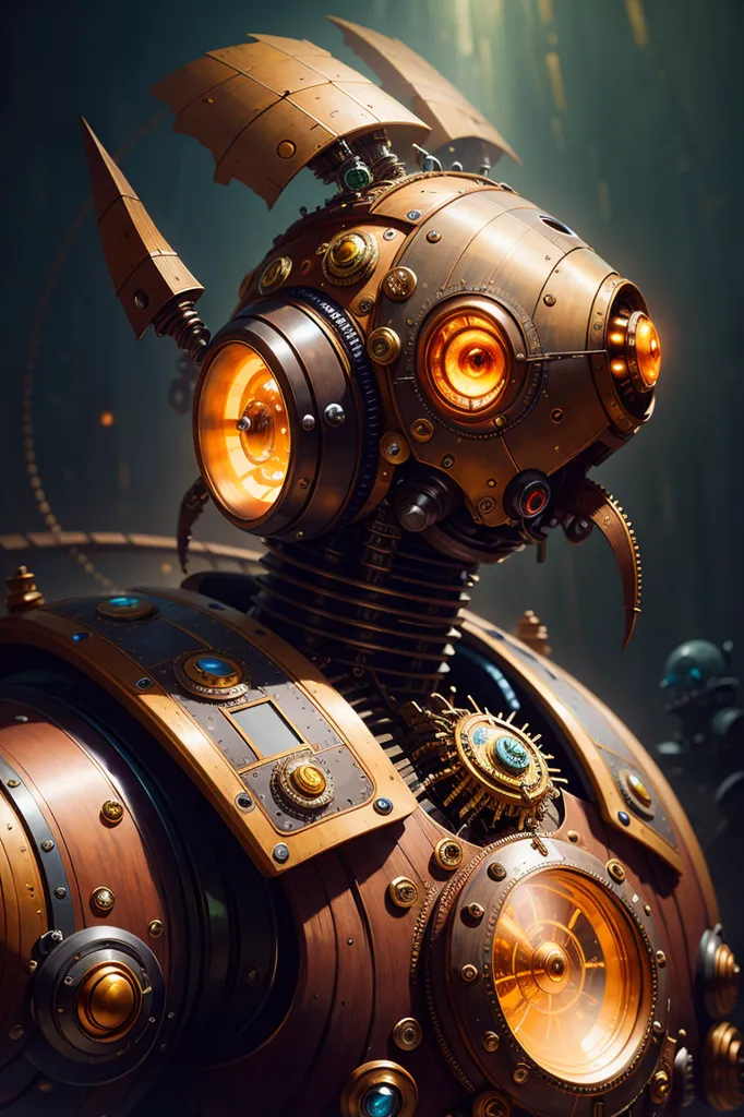 The image is a steampunk style robot. It has a bronze body with copper accents. The robot's head is round and has two large eyes that are lit up. It has a beak-like mouth and a pair of antennae-like ears. The robot's body is covered in gears, rivets, and other mechanical details. It is wearing a pair of shoulder pads and a large gear-shaped belt buckle. The background of the image is dark with a spotlight shining down on the robot.