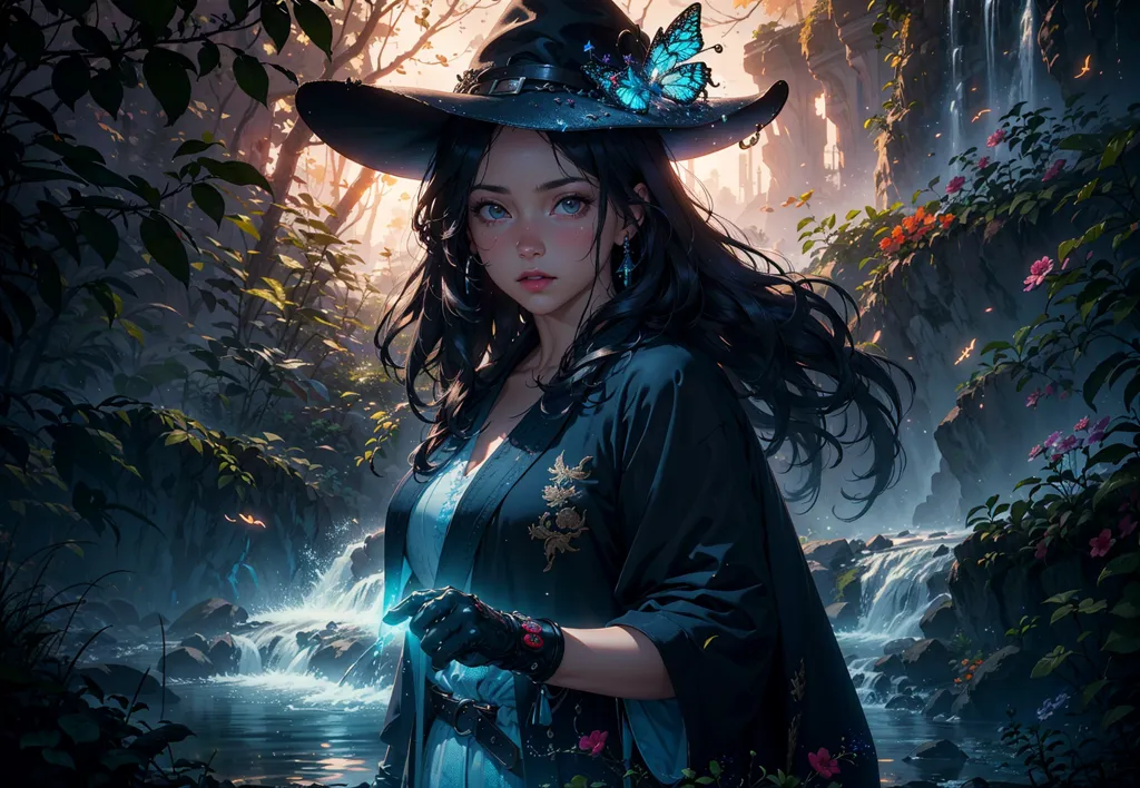 The picture shows a young woman wearing a witch's hat. The hat is black and has a wide brim. It is decorated with a blue butterfly. The woman has long, dark hair and blue eyes. She is wearing a blue dress with a white collar. The dress has a V-neck. She is also wearing a black belt and a pair of black gloves. The woman is standing in a forest. There are trees and flowers all around her. There is a river running through the forest. The woman is holding a small, glowing ball of light in her right hand. She is looking at the ball of light.