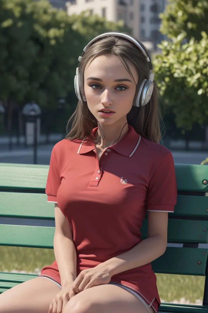 The image shows a young woman with long brown hair sitting on a park bench. She is wearing a red polo shirt and white headphones. The woman is looking at the camera with a slightly pensive expression. She has light makeup on and her hair is styled in a way that is both casual and flattering. The background of the image is a blurred park scene with trees and buildings in the distance.