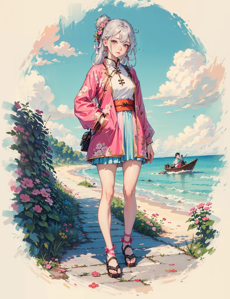 This is an image of a young woman standing on a stone path next to the ocean. She is wearing a pink kimono-style dress with a white underskirt and a pink and blue sash. She has white hair and pink eyes, and she is wearing a pink bow in her hair. She is also wearing brown sandals and carrying a brown purse. There are flowers and bushes on either side of the path, and a boat in the water in the background. The sky is blue and there are white clouds. The woman is looking at the boat.