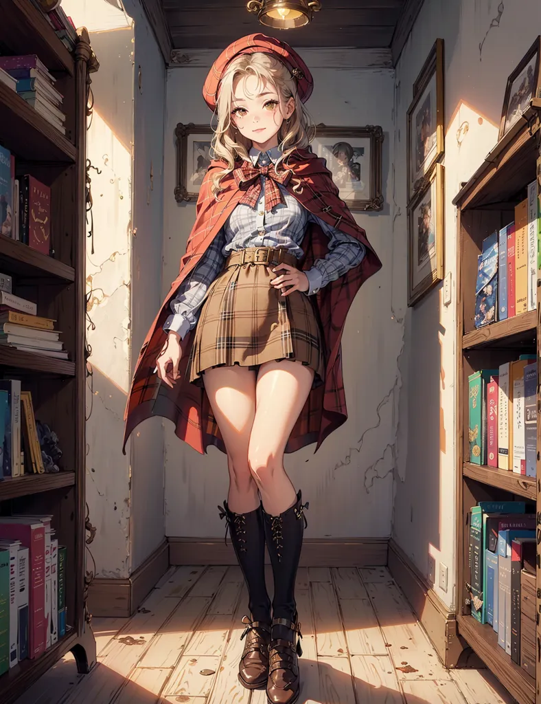 The image is of a young woman standing in a library. She is wearing a red cape, a plaid skirt, and a white blouse. She has her hand on her hip and is looking at the viewer with a smile on her face. There are bookshelves on both sides of her with a wooden floor and a light coming in from the left side of the image.