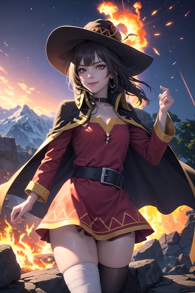 The image is of a young woman wearing a witch's hat and a red dress. She has long brown hair and red eyes. She is standing in a rocky field, with a mountain range in the distance. There are explosions happening behind her. She is smiling and has her hand raised.