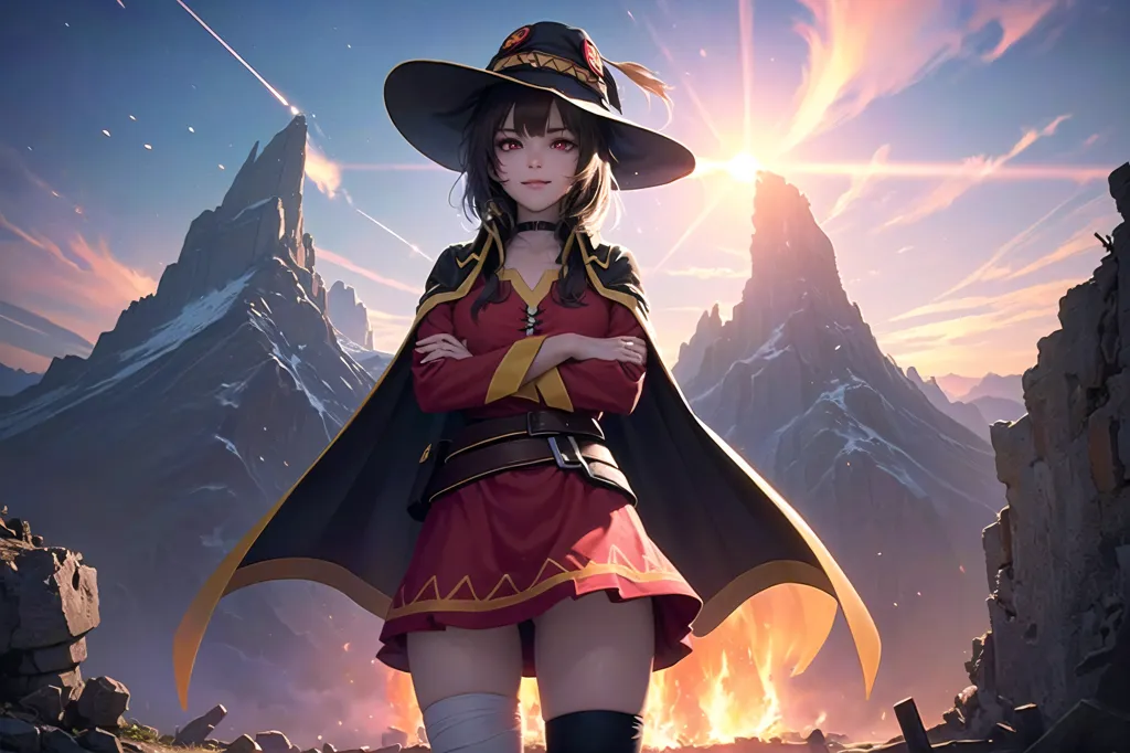 The image shows a young woman standing in a mountainous landscape. She is wearing a red and white dress with a black cape and a large hat. She has long brown hair and red eyes. She is standing with her arms crossed and has a confident expression on her face. In the background, there are large mountains and a bright sky.