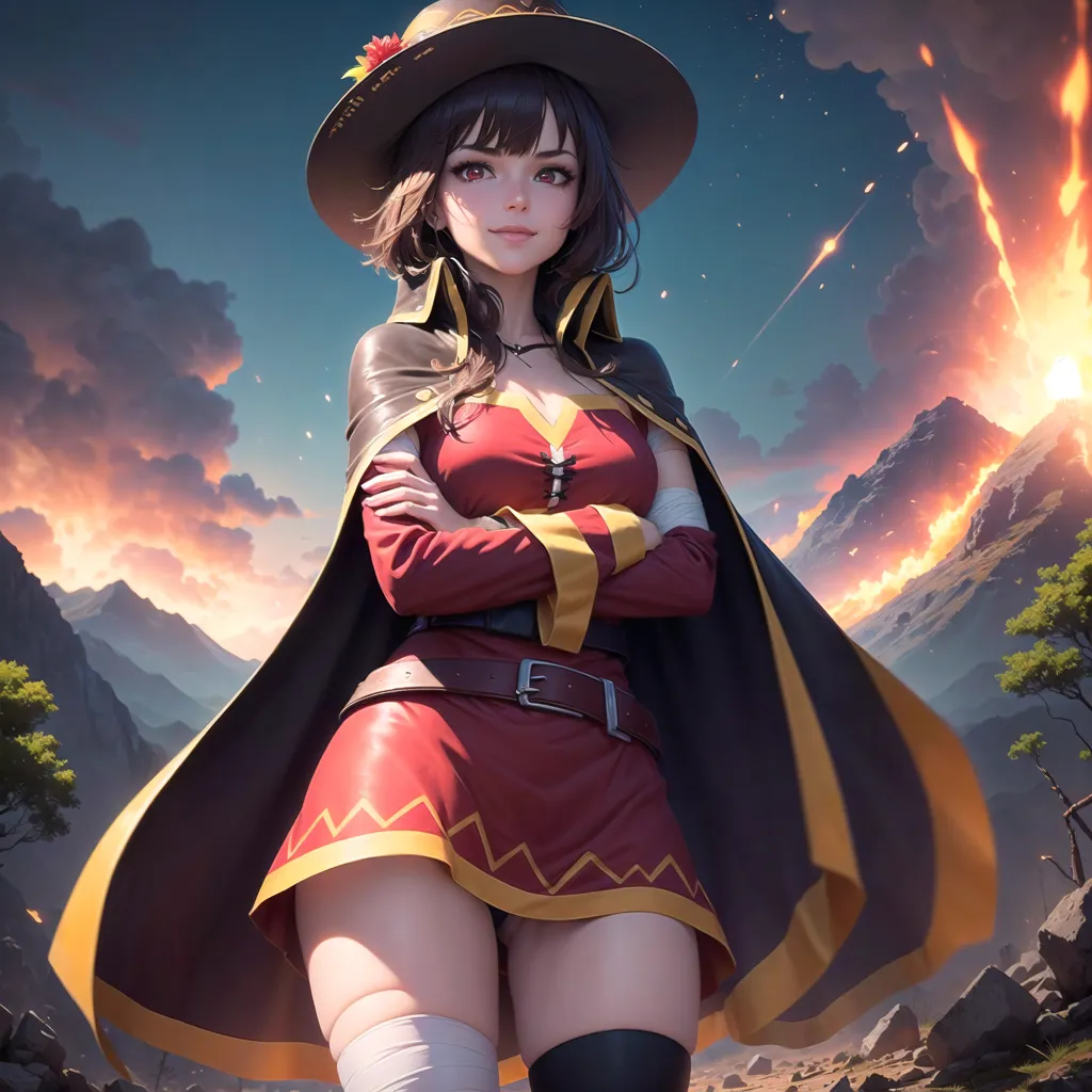 The image is of a young woman standing in a field. She is wearing a red and white dress with a brown cape. She has a brown hat on her head and is carrying a staff in her right hand. She is looking at the viewer with a serious expression on her face. There are mountains in the background and a large explosion happening behind her.