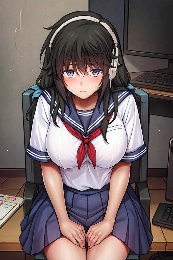 The image shows a young woman with long black hair and purple eyes. She is wearing a white and blue sailor-style school uniform and a red scarf. She is sitting on a chair in front of a computer desk. She has headphones on and is looking at the viewer with a slightly embarrassed expression on her face.