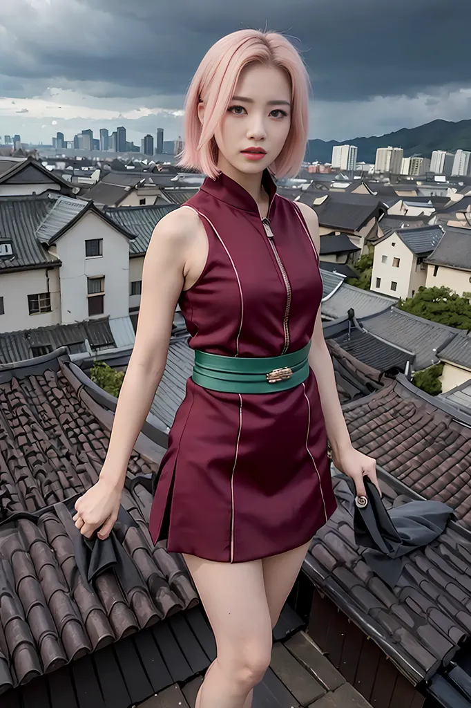 La imagen muestra a una mujer joven de pie en la azotea de un edificio. Lleva un vestido sin mangas de color granate con un cinturón verde y un cuello alto. El vestido tiene una cremallera en la parte delantera. Tiene el cabello corto de color rosa y la piel pálida. Mira a la cámara con una expresión seria. Hay edificios al fondo y un cielo gris nublado.