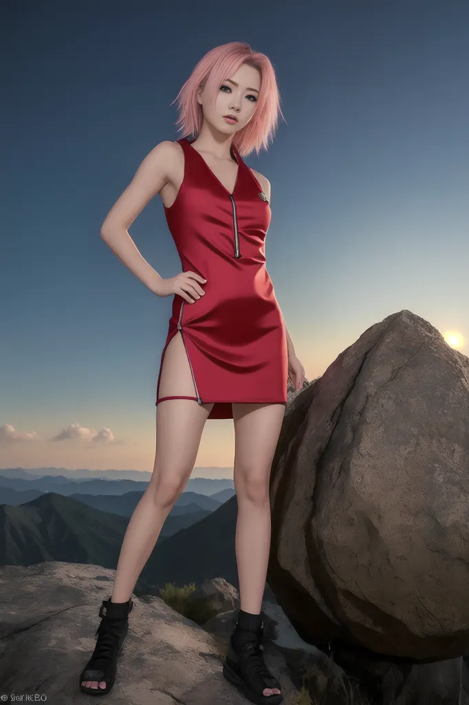 The image shows a young woman standing on a rock in front of a mountainous landscape. She is wearing a red dress with a high collar and a zipper in the front. The dress is short, and it shows off her legs. She is also wearing black boots. The woman has pink hair and blue eyes. She is standing with her hands on her hips, and she is looking at the view. The sun is setting behind her, and the sky is a gradient of orange and yellow. The mountains are in the distance, and they are covered in snow.