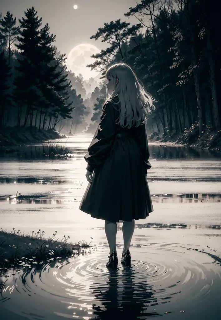 L'image montre une fille debout au milieu d'un lac, l'eau atteignant juste au-dessus de ses chevilles. Elle porte une longue robe noire avec un col blanc. Ses longs cheveux blonds flottent au vent. La lune est pleine et il y a des arbres sur la rive du lac. Le ciel est sombre et l'eau reflète la lumière de la lune. La fille regarde la lune. Elle est seule et elle semble triste.