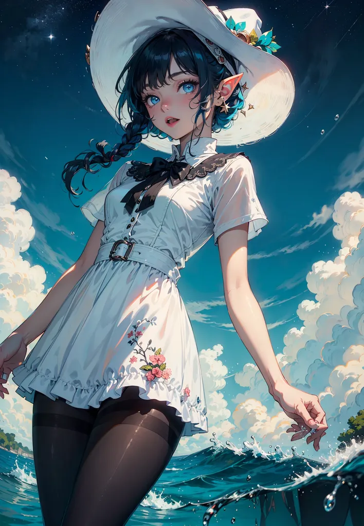 This image shows a girl standing in the ocean. She is wearing a white dress with a blue sash and a large white hat. She has long blue hair and blue eyes. She is standing in the water and there are clouds and a starry night sky behind her.