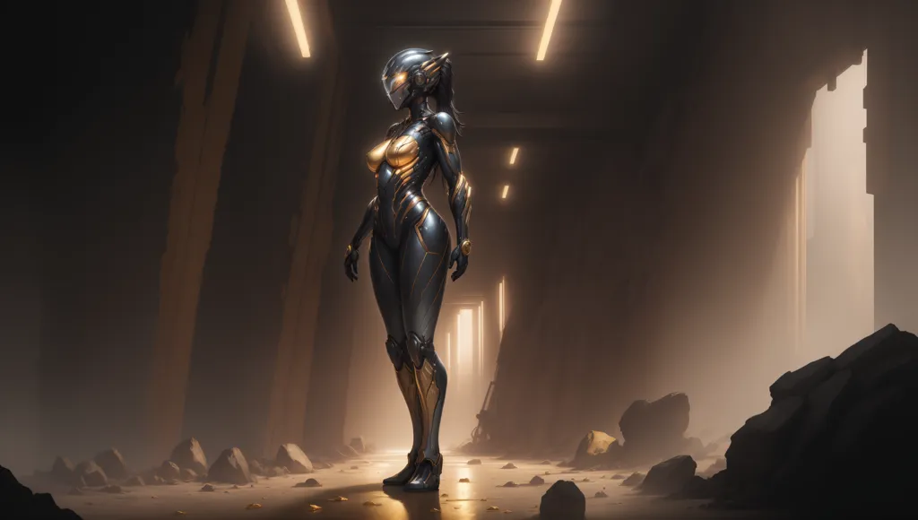 La imagen es de una figura femenina en un entorno oscuro y futurista. Lleva un traje de armadura negro y dorado que le cubre todo el cuerpo, y tiene un casco con una visera que le cubre la cara. La figura está de pie en una habitación oscura iluminada por una sola fuente de luz. La habitación está llena de escombros y hay grandes rocas y piedras dispersas por todo el lugar.